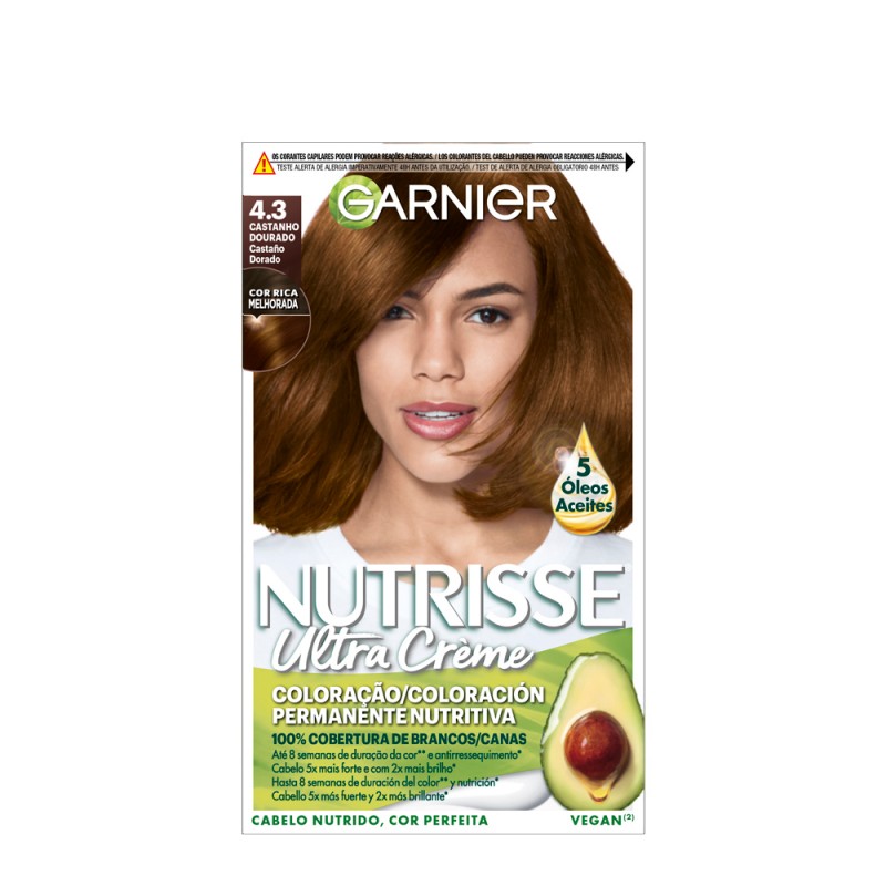 Garnier Nutrisse Coloração Permanente 4.3, Castanho Dourado, 190ml